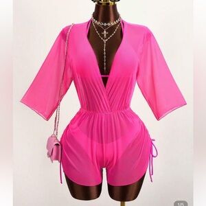 Vibrant Pink Sheer Romper and matching bikini
